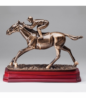 9-1/2" ANTIQUE BRASS RESIN HORSE RACER TROPHY BRASS AND ROSEWOOD FINISH