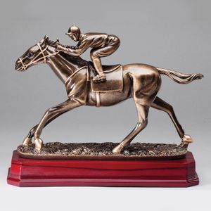 9-1/2" ANTIQUE BRASS RESIN HORSE RACER TROPHY BRASS AND ROSEWOOD FINISH