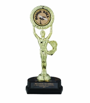 9-1/2 INCH BLACK AND GOLD TROPHY WITH FIGURE,TAKES INSERT