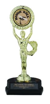 9-1/2 INCH BLACK AND GOLD TROPHY WITH FIGURE,TAKES INSERT