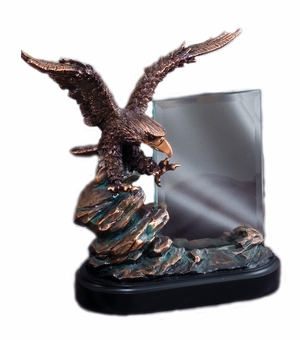9-1/2 INCH ELECTROPLATED BRONZE EAGLE ON ROCK WITH 4 X 6 INCH GLASS TROPHY