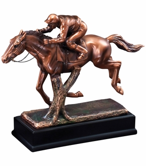 9-1/2 INCH ELECTROPLATED BRONZE JOCKEY ON RACING HORSE TROPHY