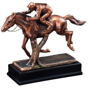 9-1/2 INCH ELECTROPLATED BRONZE JOCKEY ON RACING HORSE TROPHY