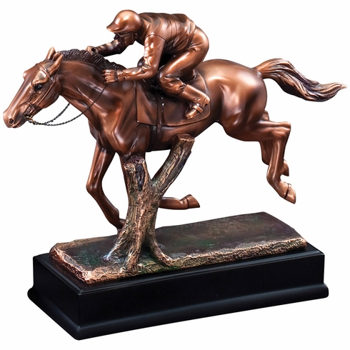 9-1/2 INCH ELECTROPLATED BRONZE JOCKEY ON RACING HORSE TROPHY