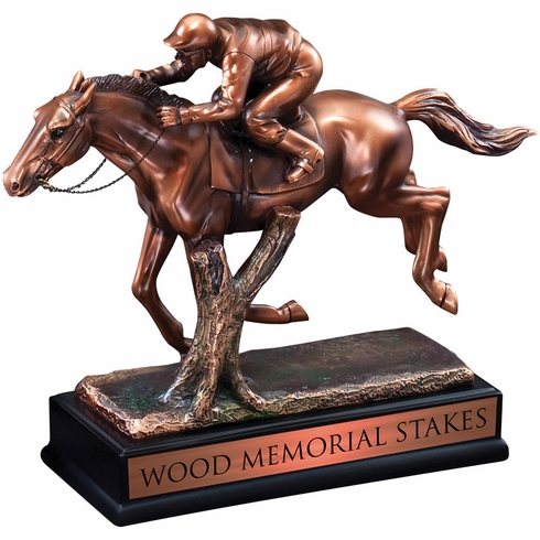 9-1/2 INCH ELECTROPLATED BRONZE JOCKEY ON RACING HORSE TROPHY