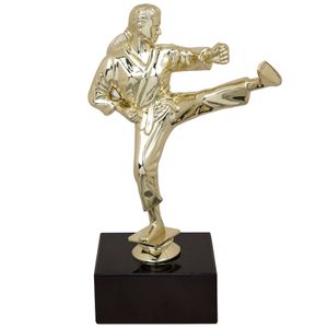 9-1/2 INCH FEMALE KARATE FIGURE TROPHY ON BLACK MARBLE BASE