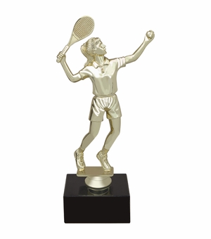 9-1/2 INCH FEMALE TENNIS FIGURE TROPHY ON BLACK MARBLE BASE