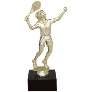 9-1/2 INCH FEMALE TENNIS FIGURE TROPHY ON BLACK MARBLE BASE