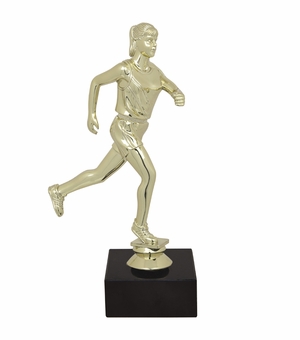  9-1/2 INCH FEMALE TRACK FIGURE TROPHY ON BLACK MARBLE BASE
