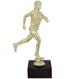  9-1/2 INCH FEMALE TRACK FIGURE TROPHY ON BLACK MARBLE BASE