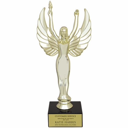 9-1/2 INCH FEMALE VICTORY FIGURE TROPHY ON BLACK MARBLE BASE