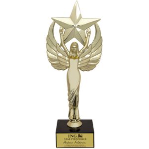  9-1/2 INCH FEMALE VICTORY STAR FIGURE TROPHY ON BLACK MARBLE BASE