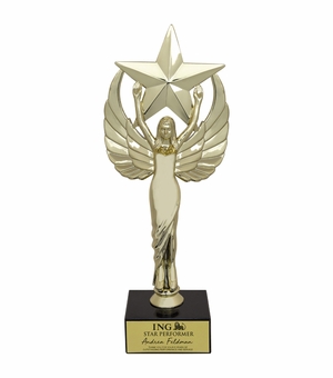  9-1/2 INCH FEMALE VICTORY STAR FIGURE TROPHY ON BLACK MARBLE BASE