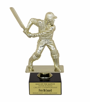 9-1/2 INCH MALE CRICKET FIGURE TROPHY ON BLACK MARBLE BASE