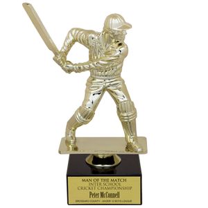 9-1/2 INCH MALE CRICKET FIGURE TROPHY ON BLACK MARBLE BASE