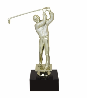 9-1/2 INCH MALE GOLF FIGURE TROPHY ON BLACK MARBLE BASE
