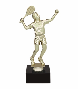 9-1/2 INCH MALE TENNIS FIGURE TROPHY ON BLACK MARBLE BASE