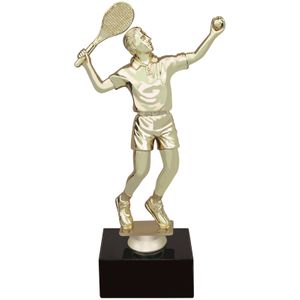 9-1/2 INCH MALE TENNIS FIGURE TROPHY ON BLACK MARBLE BASE