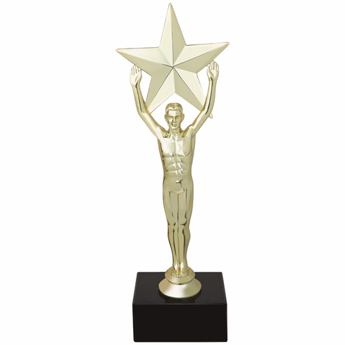  9-1/2 INCH MALE VICTORY STAR FIGURE TROPHY ON BLACK MARBLE BASE