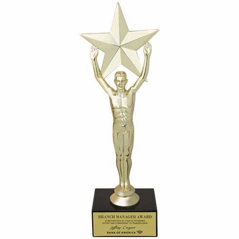  9-1/2 INCH MALE VICTORY STAR FIGURE TROPHY ON BLACK MARBLE BASE