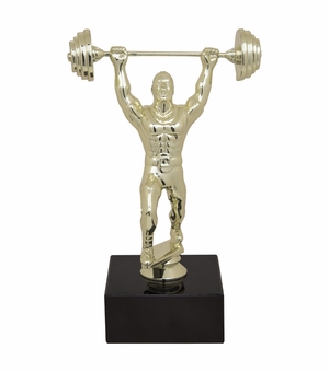  9-1/2 INCH WEIGHTLIFTER FIGURE TROPHY ON BLACK MARBLE BASE