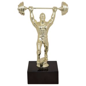 9-1/2 INCH WEIGHTLIFTER FIGURE TROPHY ON BLACK MARBLE BASE