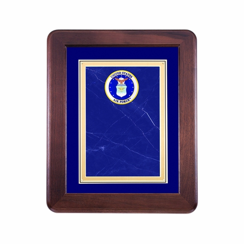 9-1/2 x 11-1/2 INCH GENUINE WALNUT BLUE VELOUR BORDER SHADOWBOX PLAQUE WITH BLUE MARBLE PLATE AND 2 INCH U.S. AIR FORCE MEDALLION INSERT