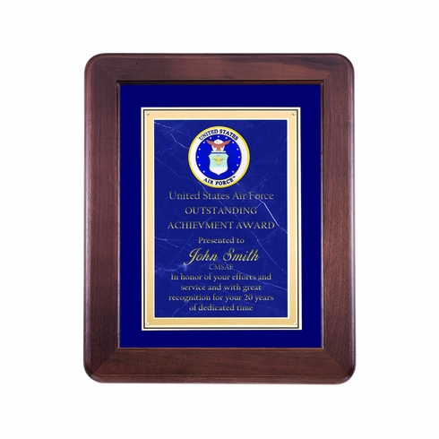 9-1/2 x 11-1/2 INCH GENUINE WALNUT BLUE VELOUR BORDER SHADOWBOX PLAQUE WITH BLUE MARBLE PLATE AND 2 INCH U.S. AIR FORCE MEDALLION INSERT