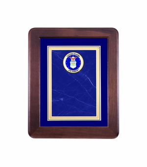9-1/2 x 11-1/2 INCH GENUINE WALNUT BLUE VELOUR BORDER SHADOWBOX PLAQUE WITH BLUE MARBLE PLATE AND 2 INCH U.S. AIR FORCE MEDALLION INSERT