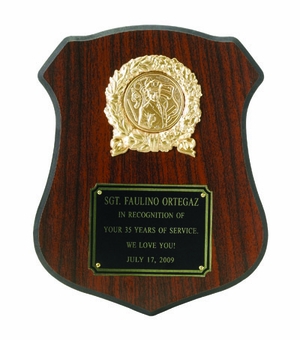 9-1/2 x 11-1/2 INCH WALNUT FINISH SHIELD PLAQUE, TAKES 2 INCH INSERT