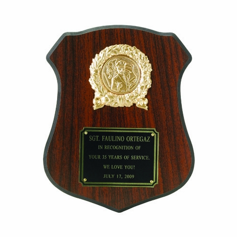 9-1/2 x 11-1/2 INCH WALNUT FINISH SHIELD PLAQUE, TAKES 2 INCH INSERT