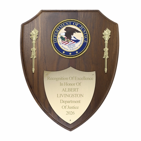 9-1/2 X 12 INCH DEPARTMENT OF JUSTICE GENIUNE WALNUT SHIELD PLAQUE WITH 4 INCH MEDALLION INSERT