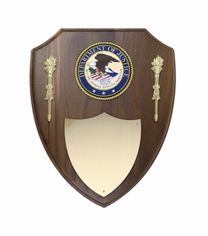 9-1/2 X 12 INCH DEPARTMENT OF JUSTICE GENIUNE WALNUT SHIELD PLAQUE WITH 4 INCH MEDALLION INSERT