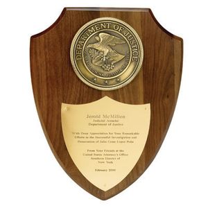 9-1/2 X 12 INCH GENUINE WALNUT SHIELD, WITH 4 INCH HIGH RELIEF MEDALLION