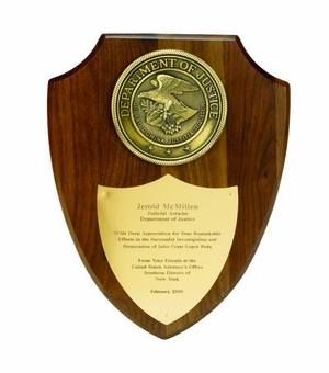9-1/2 X 12 INCH GENUINE WALNUT SHIELD, WITH 4 INCH HIGH RELIEF MEDALLION