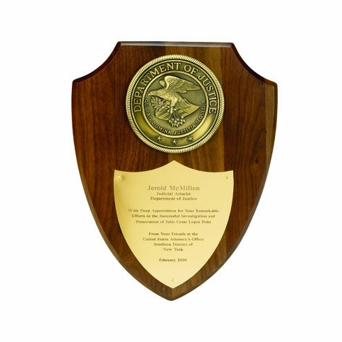 9-1/2 X 12 INCH WALNUT VENEER PLAQUE, WITH 4 INCH HIGH RELIEF MEDALLION