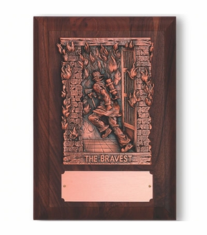 9-1/2 X 13-1/4 FIREFIGHTER PLAQUE, GENUINE WALNUT FINISH, BRONZE FIGURE, COPPER PLATE