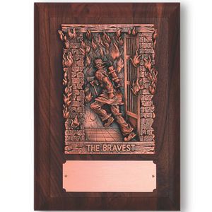 9-1/2 X 13-1/4 FIREFIGHTER PLAQUE, GENUINE WALNUT FINISH, BRONZE FIGURE, COPPER PLATE