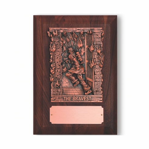 9-1/2 X 13-1/4 FIREFIGHTER PLAQUE, GENUINE WALNUT FINISH, BRONZE FIGURE, COPPER PLATE