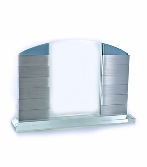 9-1/2 X 6-1/2 INCH CRYSTAL PERPETUAL BILLBOARD WITH BLUE TINT WITH 12 ALUMINUM SLIDING PLATES FOR ENGRAVING