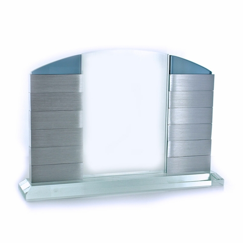 9-1/2 X 6-1/2 INCH CRYSTAL PERPETUAL BILLBOARD WITH BLUE TINT WITH 12 ALUMINUM SLIDING PLATES FOR ENGRAVING