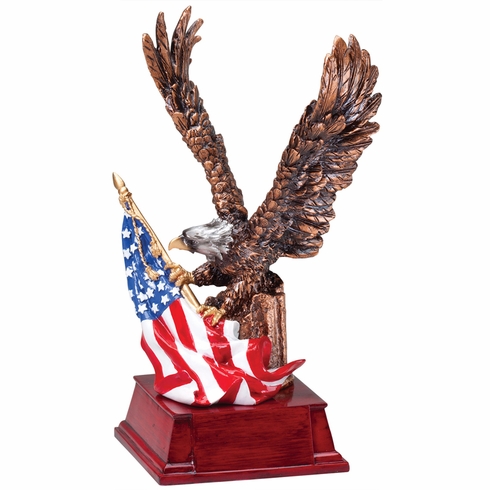 9-1/4" ANTIQUE BRASS RESIN EAGLE WITH HAND PAINTED AMERICAN FLAG TROPHY 