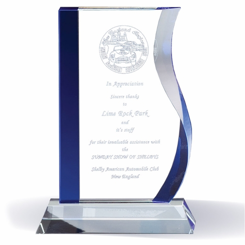 9-1/4 INCH WAVE GLASS AWARD W/ BLUE EDGES