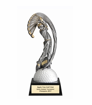 9-1/4" MALE GOLF MOTION TROPHY HAND PAINTED ANTIQUE SILVER RESIN ON GOLF BALL BLACK BASE