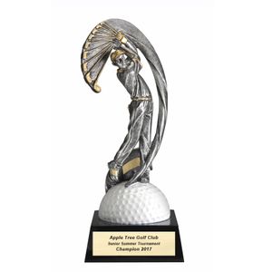 9-1/4" MALE GOLF MOTION TROPHY HAND PAINTED ANTIQUE SILVER RESIN ON GOLF BALL BLACK BASE