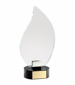 9-1/4 x 4-1/2 INCH OPTICAL CRYSTAL FLAME AWARD ON BLACK CRYSTAL BASE