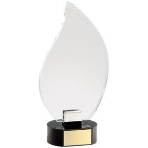 9-1/4 x 4-1/2 INCH OPTICAL CRYSTAL FLAME AWARD ON BLACK CRYSTAL BASE