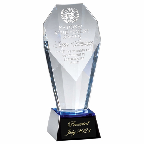 9-1/4 x 4 OPTICAL CRYSTAL SLANTED TOWER AWARD ON BLACK BASE