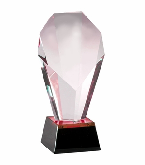 9-1/4 x 4 OPTICAL RED TINT CRYSTAL SLANTED TOWER AWARD ON BLACK BASE