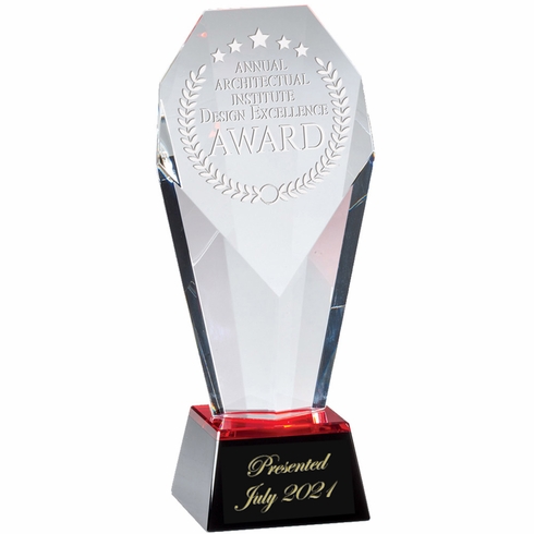 9-1/4 x 4 OPTICAL RED TINT CRYSTAL SLANTED TOWER AWARD ON BLACK BASE